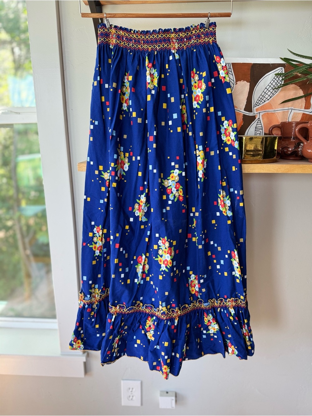 Vintage Handmade Cobalt Blue Floral Smocked Waist Tiered Maxi Skirt